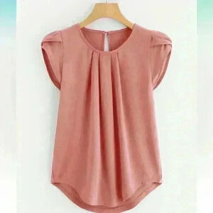 Petal Sleeve Pleated Detail Curved Hem Blouse